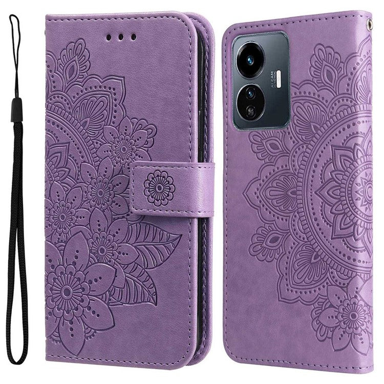 For vivo Y77 5G / Y77e 5G / Y77e (t1) 5G / iQOO Z6 Lite 5G Flower Imprinting Phone Case PU Leather Flip Stand Wallet Cover with Strap - Purple