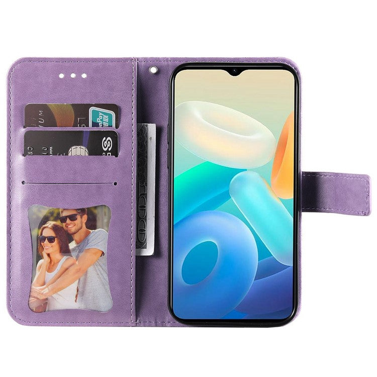 For vivo Y77 5G / Y77e 5G / Y77e (t1) 5G / iQOO Z6 Lite 5G Flower Imprinting Phone Case PU Leather Flip Stand Wallet Cover with Strap - Purple