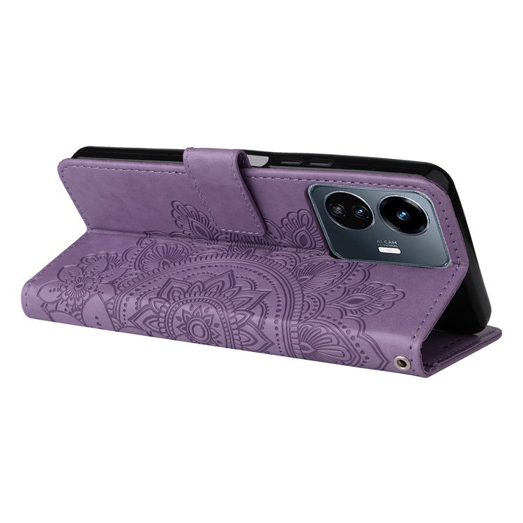 For vivo Y77 5G / Y77e 5G / Y77e (t1) 5G / iQOO Z6 Lite 5G Flower Imprinting Phone Case PU Leather Flip Stand Wallet Cover with Strap - Purple