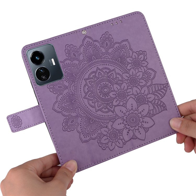 For vivo Y77 5G / Y77e 5G / Y77e (t1) 5G / iQOO Z6 Lite 5G Flower Imprinting Phone Case PU Leather Flip Stand Wallet Cover with Strap - Purple