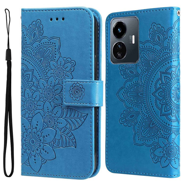 For vivo Y77 5G / Y77e 5G / Y77e (t1) 5G / iQOO Z6 Lite 5G Flower Imprinting Phone Case PU Leather Flip Stand Wallet Cover with Strap - Blue