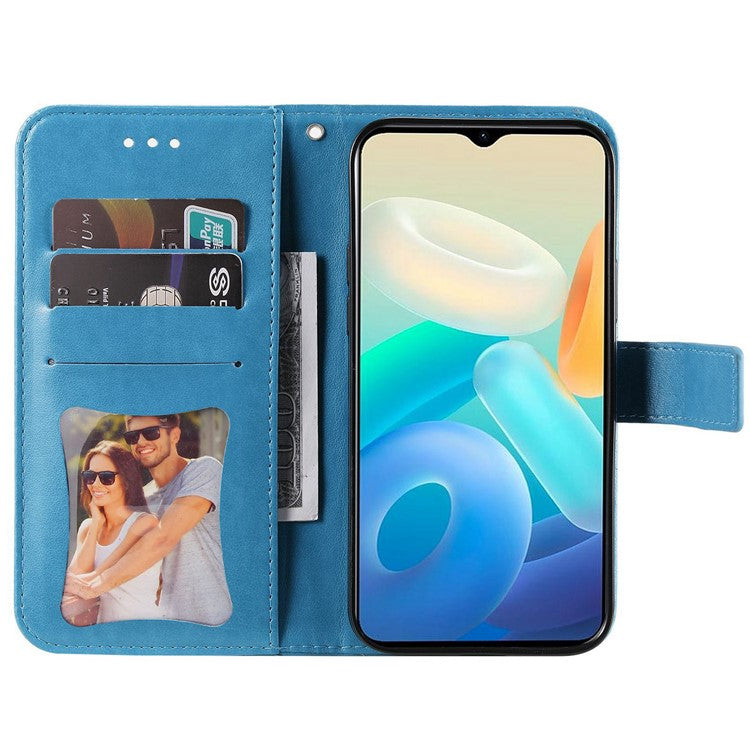 For vivo Y77 5G / Y77e 5G / Y77e (t1) 5G / iQOO Z6 Lite 5G Flower Imprinting Phone Case PU Leather Flip Stand Wallet Cover with Strap - Blue