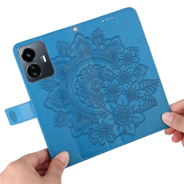 For vivo Y77 5G / Y77e 5G / Y77e (t1) 5G / iQOO Z6 Lite 5G Flower Imprinting Phone Case PU Leather Flip Stand Wallet Cover with Strap - Blue