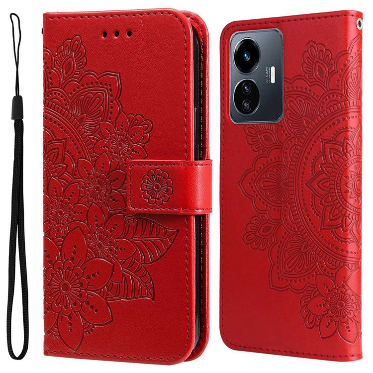 For vivo Y77 5G / Y77e 5G / Y77e (t1) 5G / iQOO Z6 Lite 5G Flower Imprinting Phone Case PU Leather Flip Stand Wallet Cover with Strap - Red