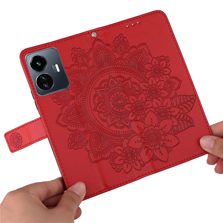 For vivo Y77 5G / Y77e 5G / Y77e (t1) 5G / iQOO Z6 Lite 5G Flower Imprinting Phone Case PU Leather Flip Stand Wallet Cover with Strap - Red