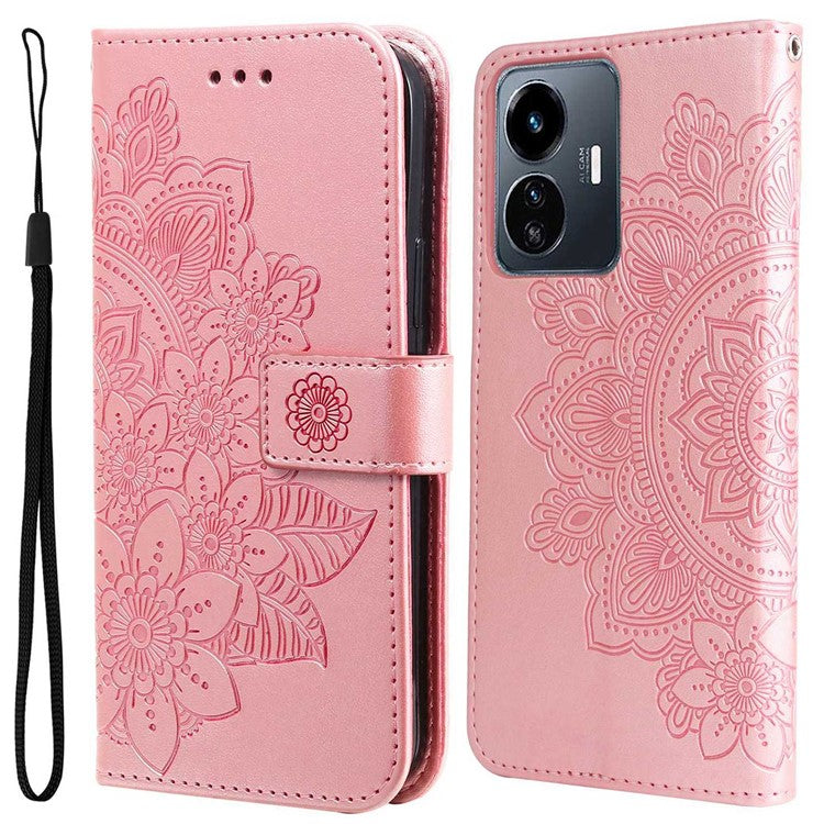 For vivo Y77 5G / Y77e 5G / Y77e (t1) 5G / iQOO Z6 Lite 5G Flower Imprinting Phone Case PU Leather Flip Stand Wallet Cover with Strap - Rose Gold