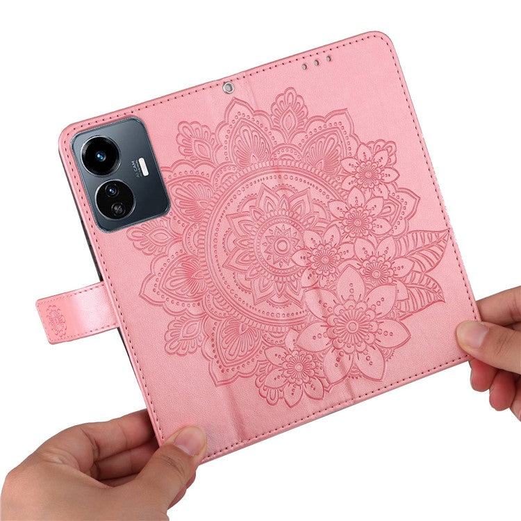 For vivo Y77 5G / Y77e 5G / Y77e (t1) 5G / iQOO Z6 Lite 5G Flower Imprinting Phone Case PU Leather Flip Stand Wallet Cover with Strap - Rose Gold