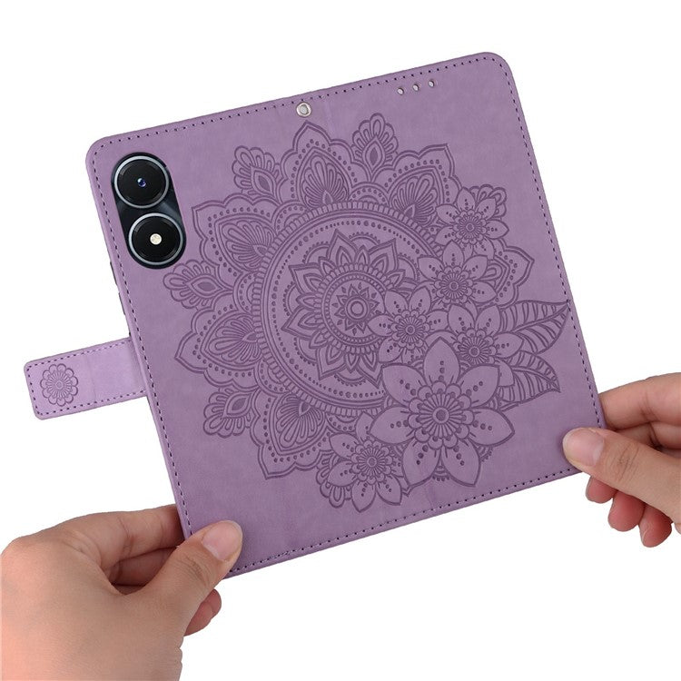 For vivo Y02s 4G / Y16 4G Flower Imprinting Scratch Proof PU Leather Phone Protective Case Flip Stand Wallet Cover with Strap - Purple