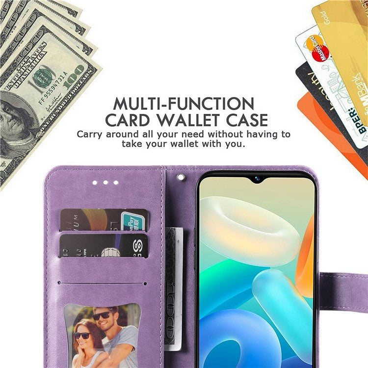 For vivo Y02s 4G / Y16 4G Flower Imprinting Scratch Proof PU Leather Phone Protective Case Flip Stand Wallet Cover with Strap - Purple