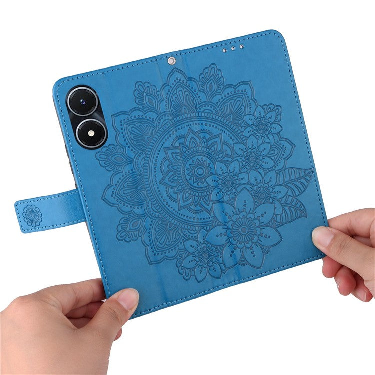 For vivo Y02s 4G / Y16 4G Flower Imprinting Scratch Proof PU Leather Phone Protective Case Flip Stand Wallet Cover with Strap - Blue