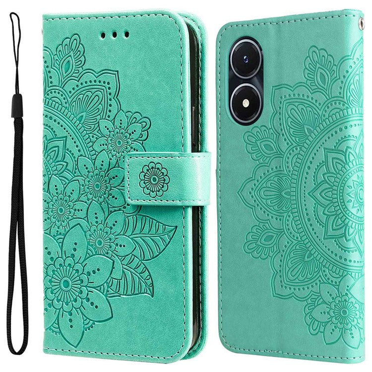 For vivo Y02s 4G / Y16 4G Flower Imprinting Scratch Proof PU Leather Phone Protective Case Flip Stand Wallet Cover with Strap - Green