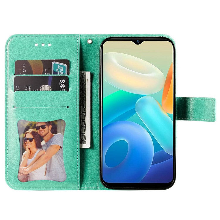 For vivo Y02s 4G / Y16 4G Flower Imprinting Scratch Proof PU Leather Phone Protective Case Flip Stand Wallet Cover with Strap - Green