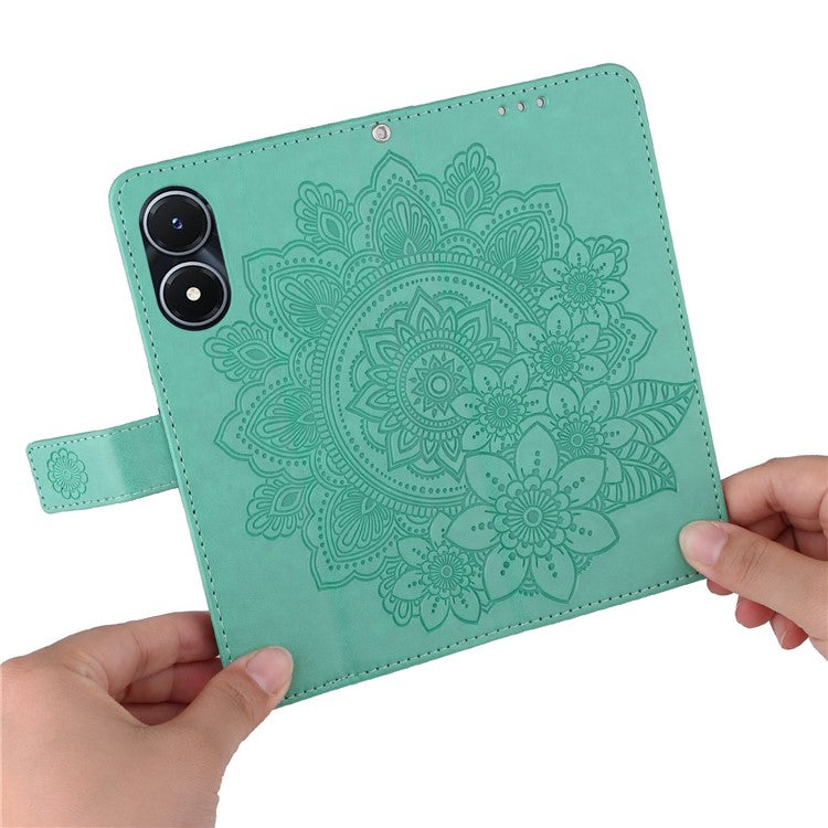 For vivo Y02s 4G / Y16 4G Flower Imprinting Scratch Proof PU Leather Phone Protective Case Flip Stand Wallet Cover with Strap - Green