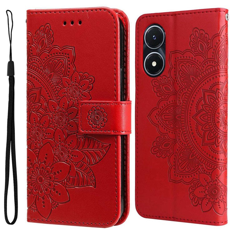 For vivo Y02s 4G / Y16 4G Flower Imprinting Scratch Proof PU Leather Phone Protective Case Flip Stand Wallet Cover with Strap - Red