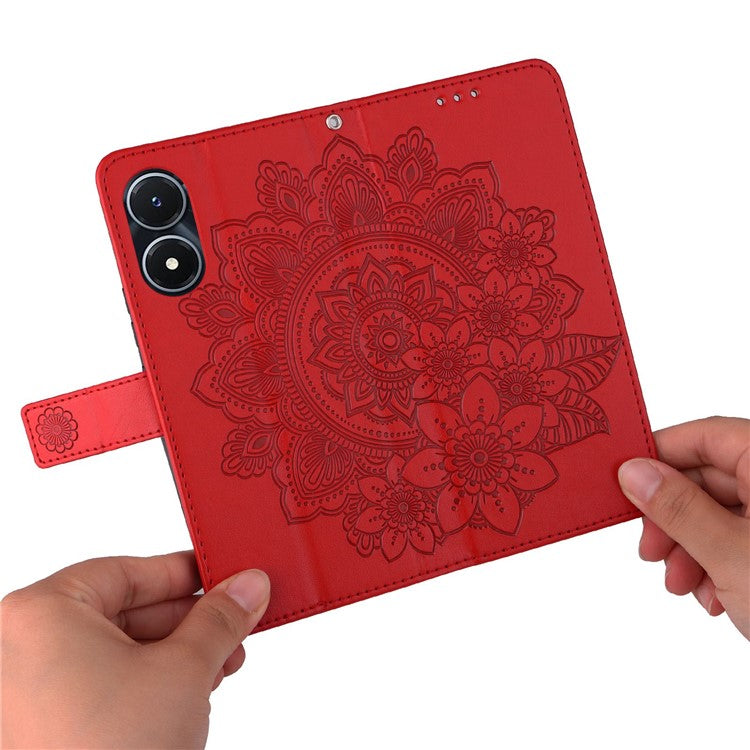 For vivo Y02s 4G / Y16 4G Flower Imprinting Scratch Proof PU Leather Phone Protective Case Flip Stand Wallet Cover with Strap - Red