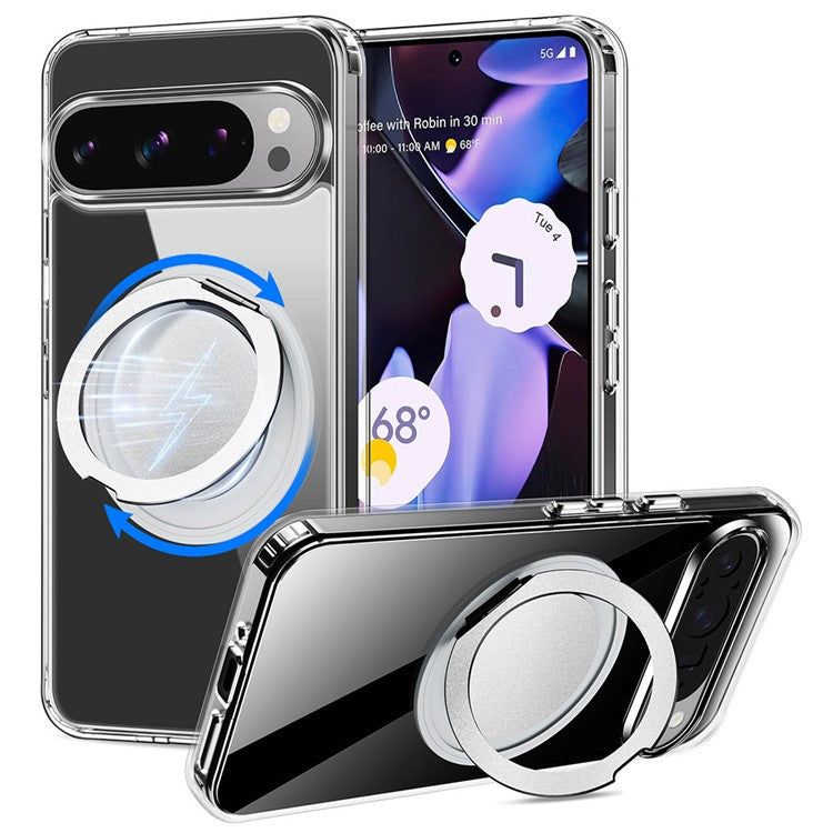 For Google Pixel 9 Pro XL Magnetic Case Rotary Kickstand TPU PC Clear Phone Back Cover