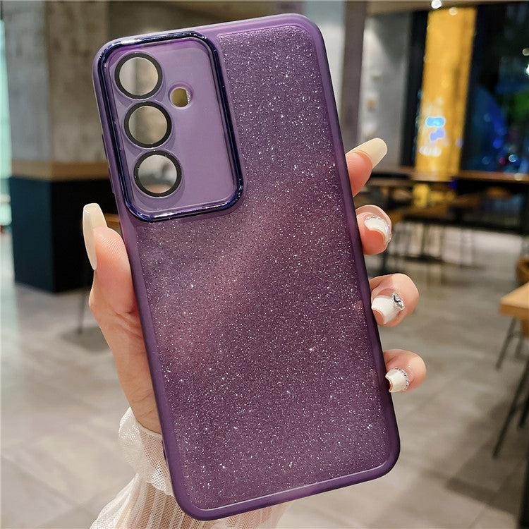 For Samsung Galaxy A36 5G Case Clear TPU Phone Cover With Camera Lens Protector Glitter Sticker - Transparent Purple