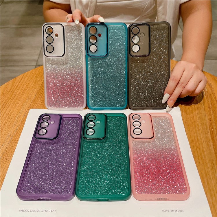 For Samsung Galaxy A36 5G Case Clear TPU Phone Cover With Camera Lens Protector Glitter Sticker - Transparent Purple