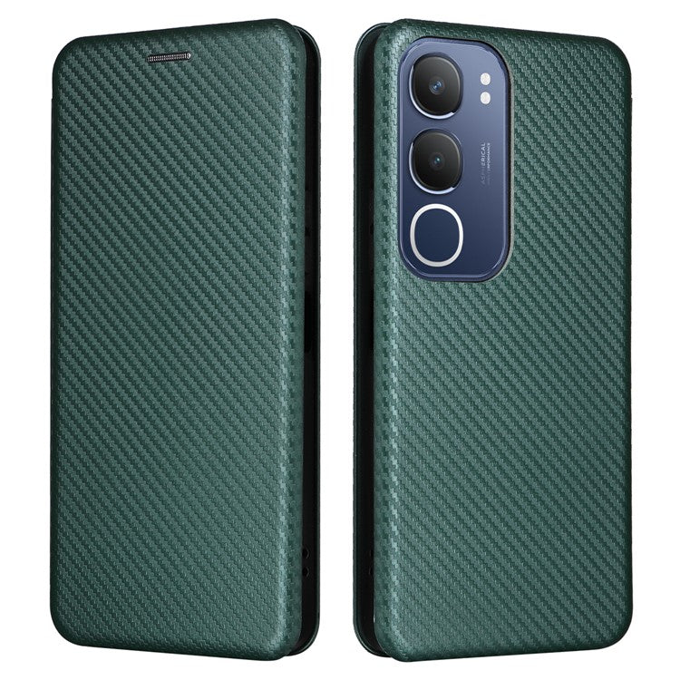 For vivo Y19s 4G Case Carbon Fiber Texture Drop-Proof PU Leather Phone Cover - Green