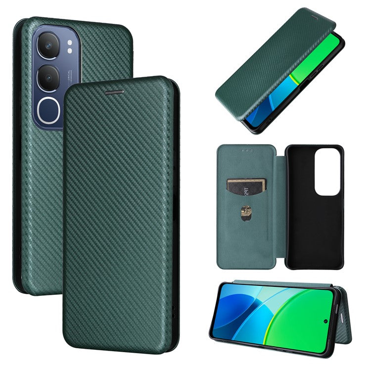 For vivo Y19s 4G Case Carbon Fiber Texture Drop-Proof PU Leather Phone Cover - Green