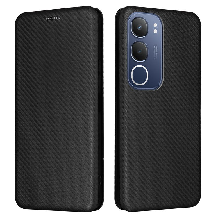 For vivo Y19s 4G Case Carbon Fiber Texture Drop-Proof PU Leather Phone Cover - Black