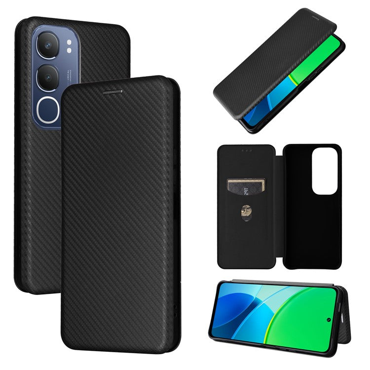 For vivo Y19s 4G Case Carbon Fiber Texture Drop-Proof PU Leather Phone Cover - Black