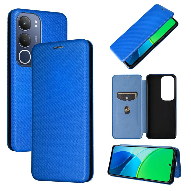 For vivo Y19s 4G Case Carbon Fiber Texture Drop-Proof PU Leather Phone Cover - Blue