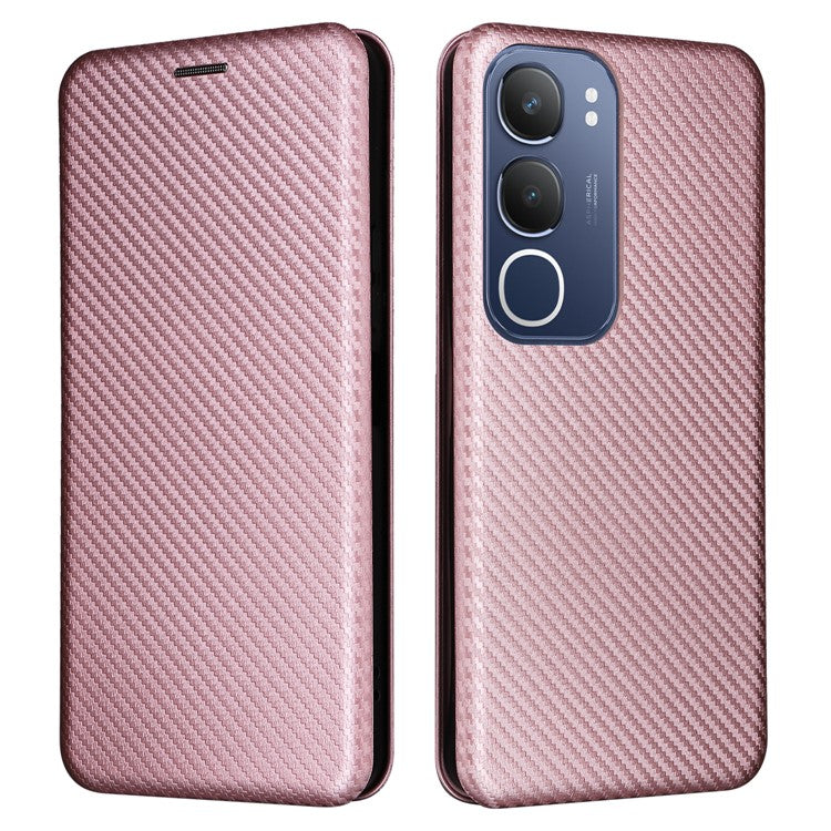 For vivo Y19s 4G Case Carbon Fiber Texture Drop-Proof PU Leather Phone Cover - Rose Gold