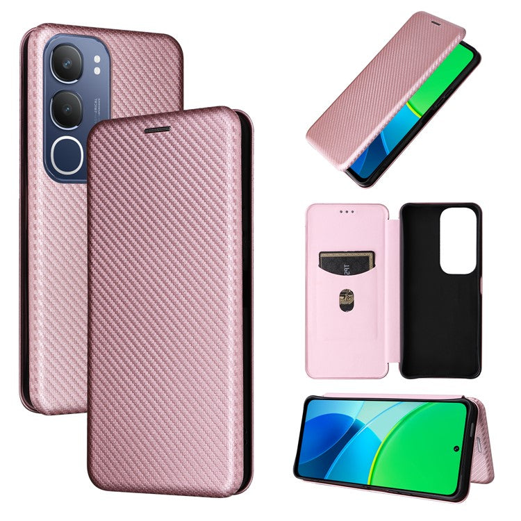 For vivo Y19s 4G Case Carbon Fiber Texture Drop-Proof PU Leather Phone Cover - Rose Gold