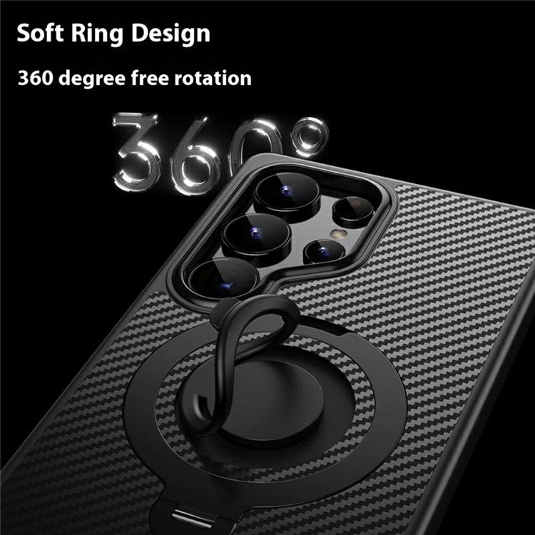 For Samsung Galaxy S25 Ultra Case Compatible with MagSafe Kickstand Carbon Fiber Texture PC + TPU Back Cover with Silicone Ring - Black