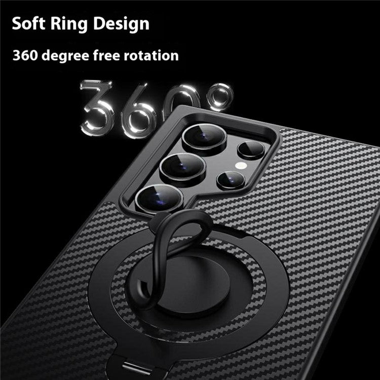 For Samsung Galaxy S24 Ultra Case Compatible with MagSafe Kickstand Carbon Fiber Texture PC + TPU Back Cover with Silicone Ring - Black