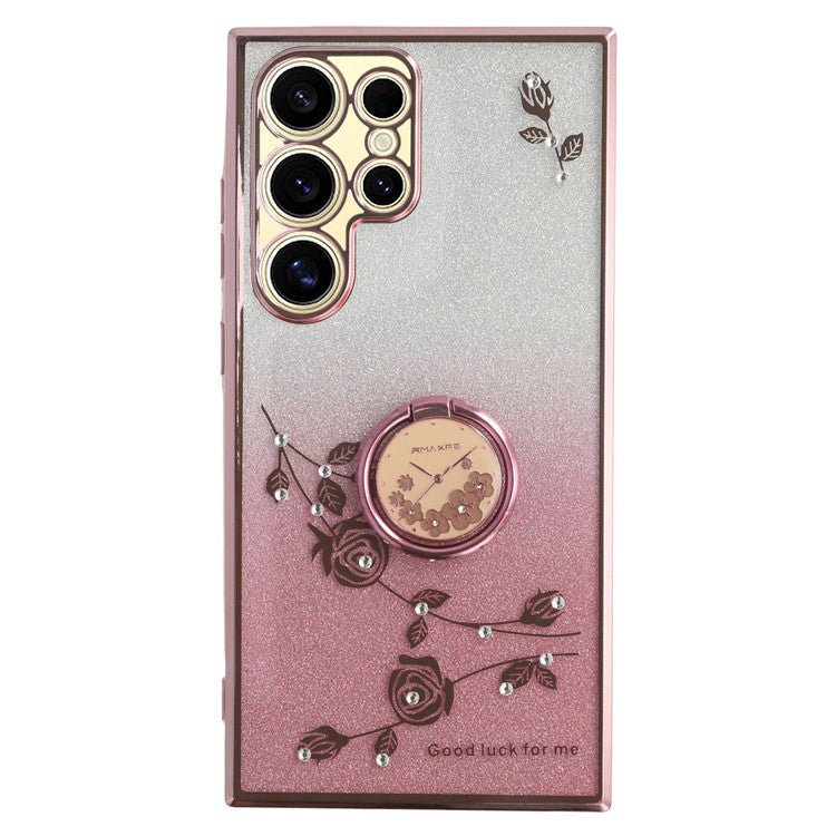 KADEM For Samsung Galaxy S25 Ultra Case Ring Kickstand TPU Flowers Phone Cover Gradient Glitter - Rose Gold