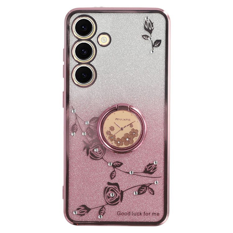 KADEM For Samsung Galaxy S25 Case Ring Kickstand TPU Flowers Phone Cover Gradient Glitter - Rose Gold