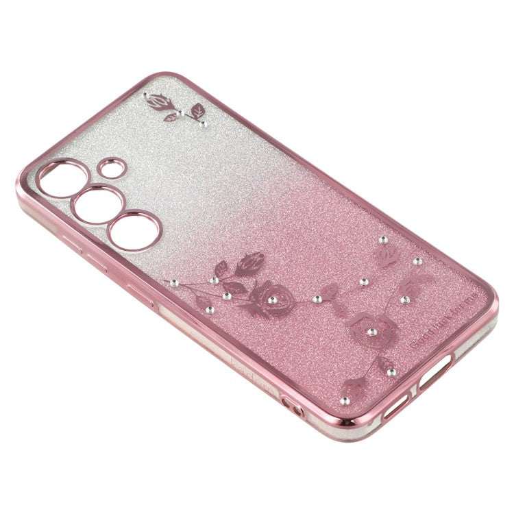 KADEM For Samsung Galaxy S25 Case Ring Kickstand TPU Flowers Phone Cover Gradient Glitter - Rose Gold