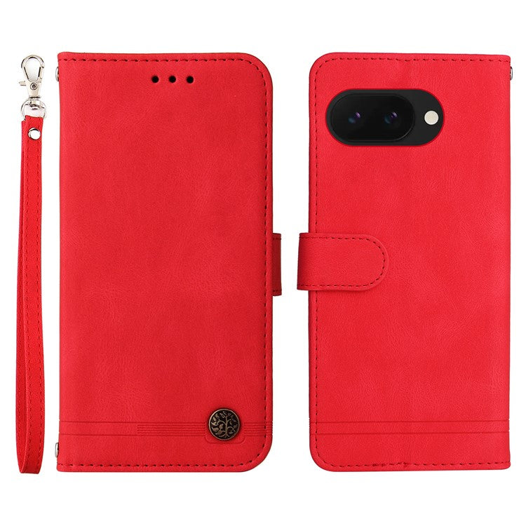 For Google Pixel 9a Wallet Case Skin Touch Leather Phone Cover Tree Pattern Hardware - Red