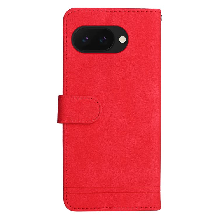 For Google Pixel 9a Wallet Case Skin Touch Leather Phone Cover Tree Pattern Hardware - Red