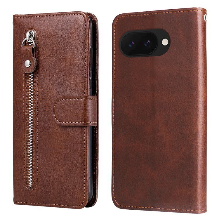 For Google Pixel 9a Case Zipper Wallet Calf Texture PU Leather Phone Cover - Brown