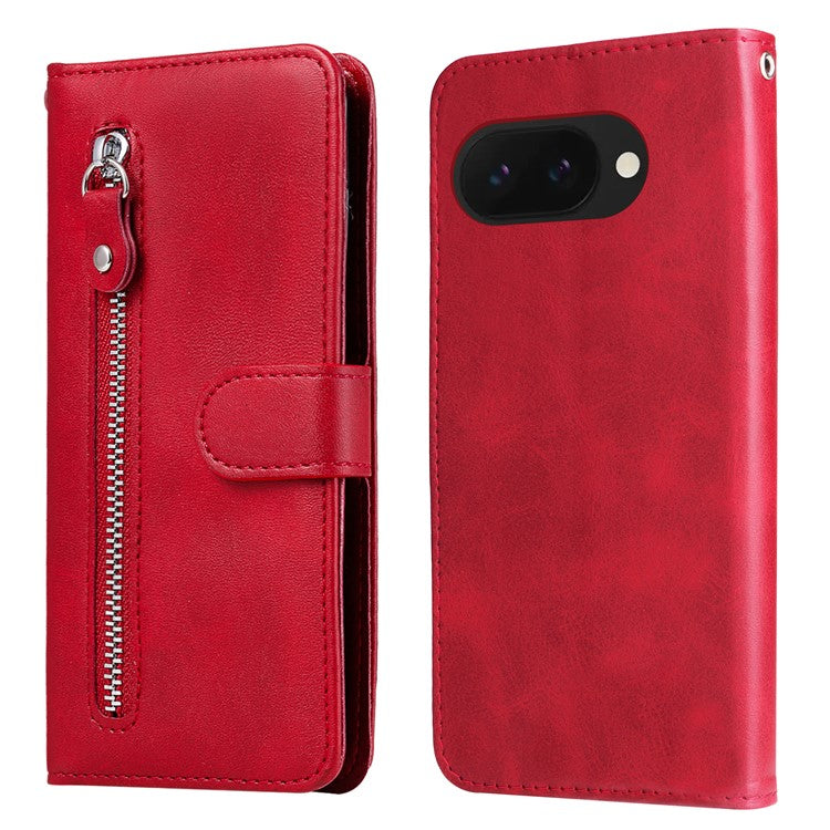 For Google Pixel 9a Case Zipper Wallet Calf Texture PU Leather Phone Cover - Red