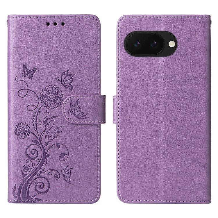 For Google Pixel 9a Leather Case Butterfly Floral Imprint Wallet Stand Cover - Purple