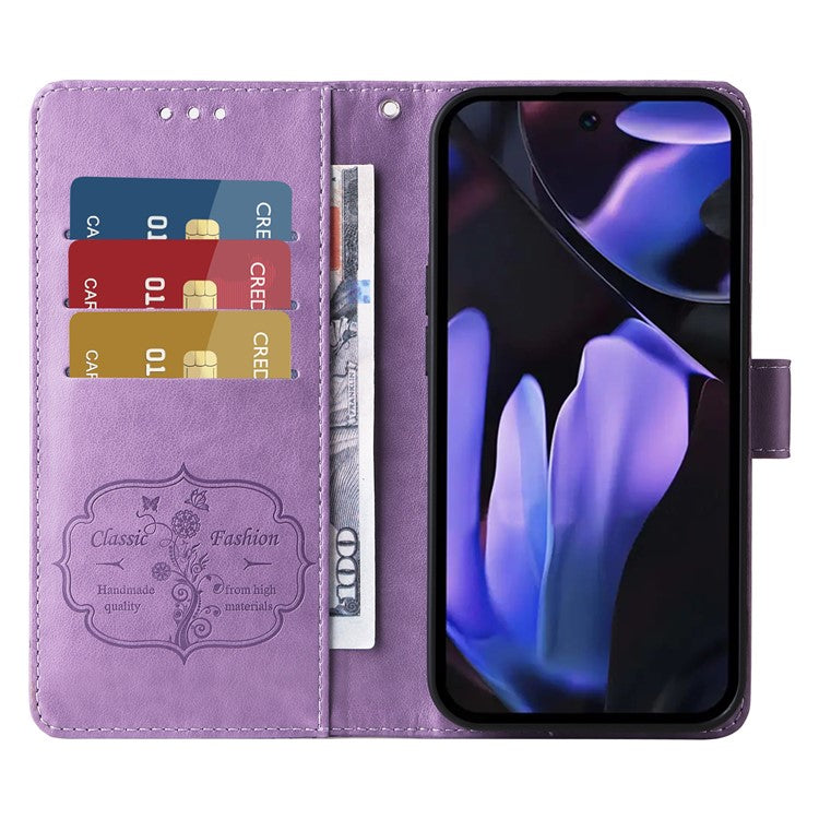 For Google Pixel 9a Leather Case Butterfly Floral Imprint Wallet Stand Cover - Purple