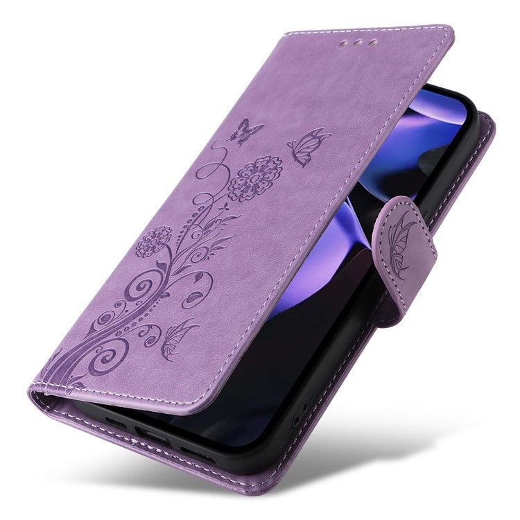 For Google Pixel 9a Leather Case Butterfly Floral Imprint Wallet Stand Cover - Purple