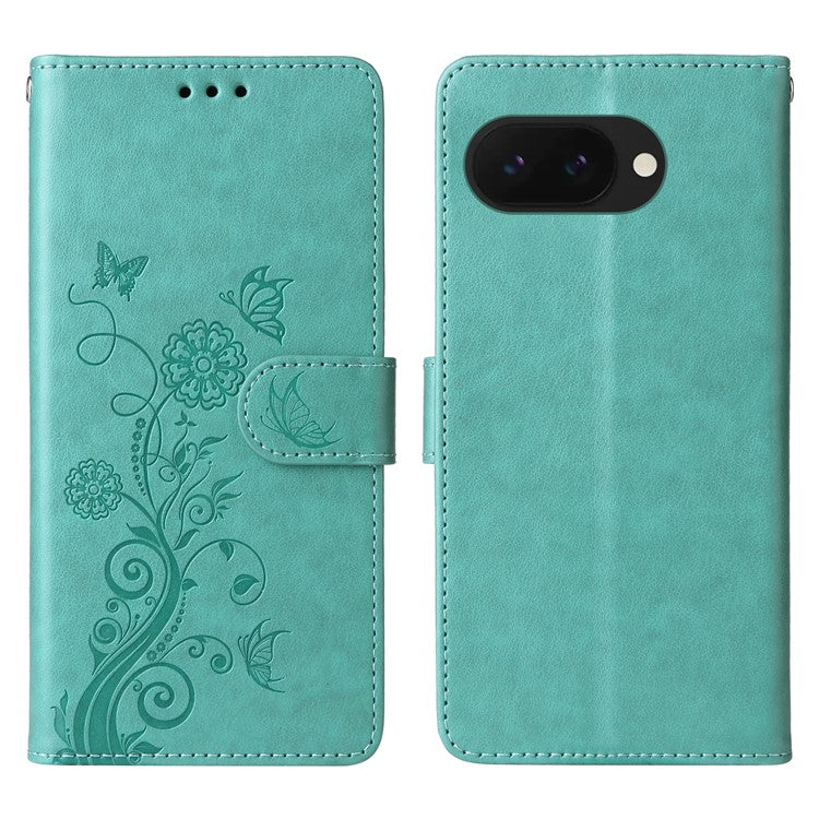 For Google Pixel 9a Leather Case Butterfly Floral Imprint Wallet Stand Cover - Green