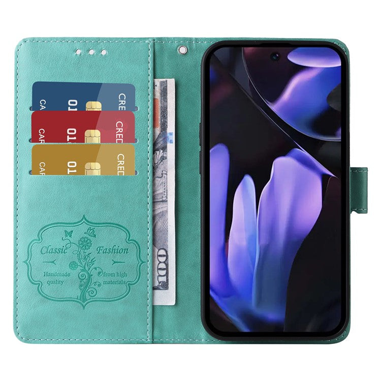 For Google Pixel 9a Leather Case Butterfly Floral Imprint Wallet Stand Cover - Green