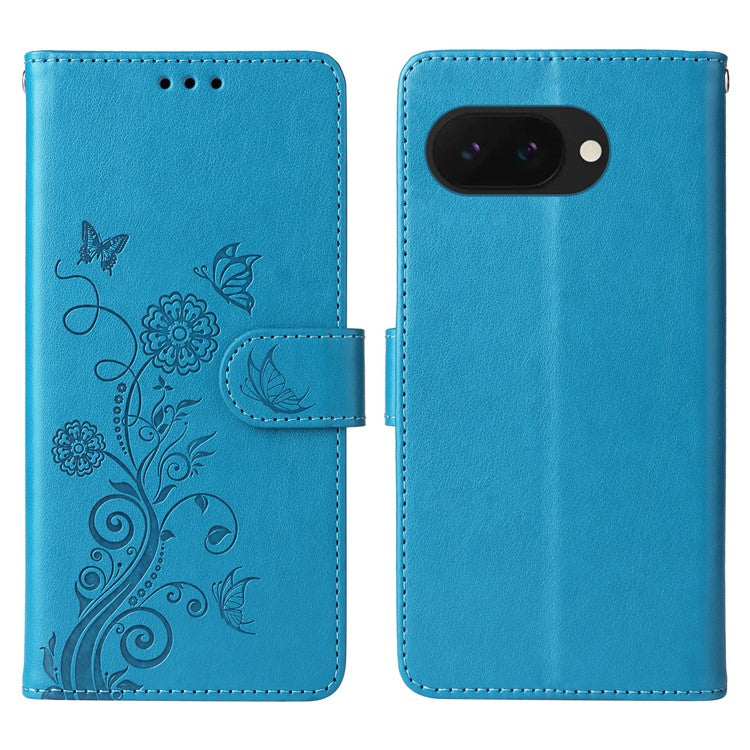 For Google Pixel 9a Leather Case Butterfly Floral Imprint Wallet Stand Cover - Blue