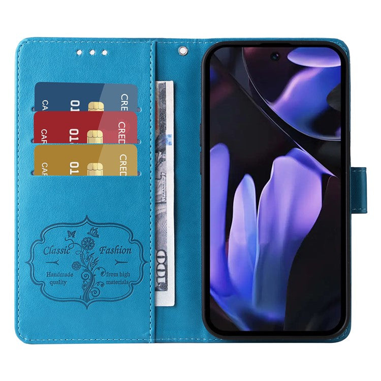 For Google Pixel 9a Leather Case Butterfly Floral Imprint Wallet Stand Cover - Blue