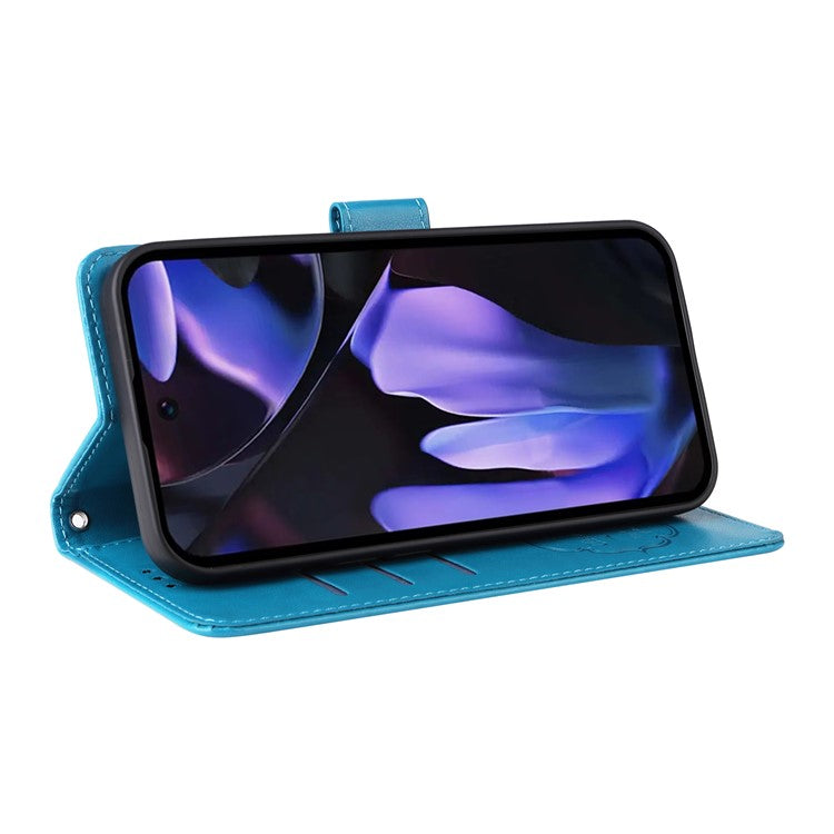 For Google Pixel 9a Leather Case Butterfly Floral Imprint Wallet Stand Cover - Blue