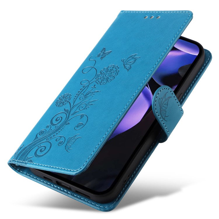 For Google Pixel 9a Leather Case Butterfly Floral Imprint Wallet Stand Cover - Blue