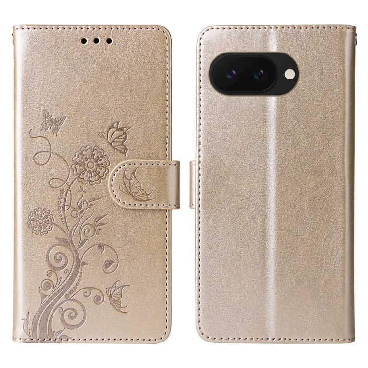 For Google Pixel 9a Leather Case Butterfly Floral Imprint Wallet Stand Cover - Gold