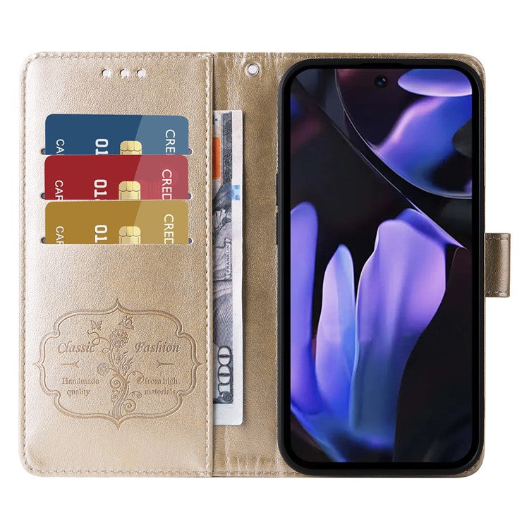 For Google Pixel 9a Leather Case Butterfly Floral Imprint Wallet Stand Cover - Gold