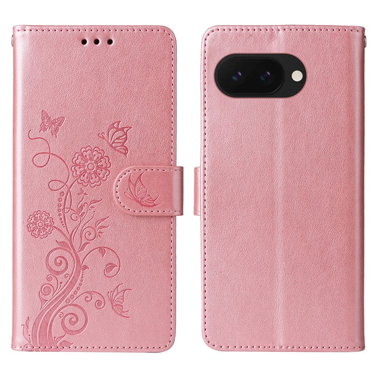 For Google Pixel 9a Leather Case Butterfly Floral Imprint Wallet Stand Cover - Pink